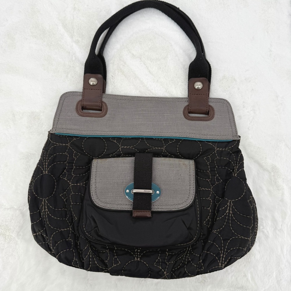 Fossil Key-Per Tote Bag Womens Black Grey Quilted Floral Coated Canvas‎ Large